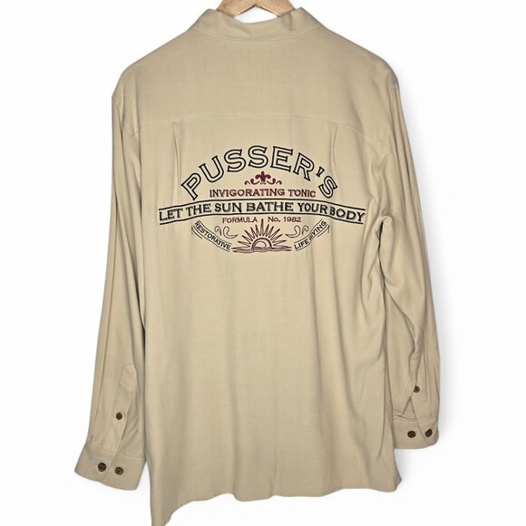 NWT Pusser's Spice Island Silk Shirt Men's Long Sleeve Khaki Wood Button Party S - Picture 1 of 10